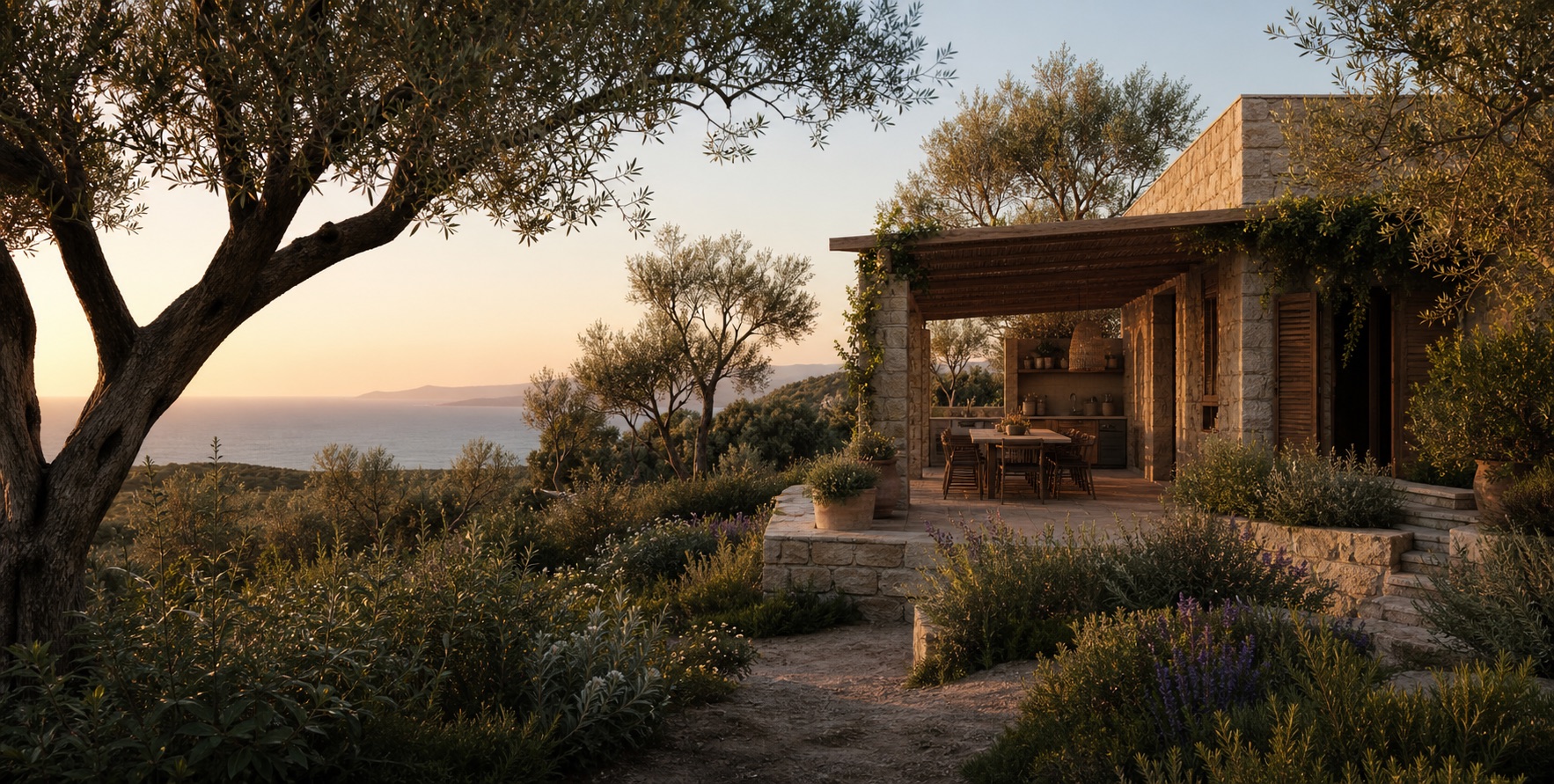 Mediterranes Stone-Estate mit offenem Patio im Olivenhain