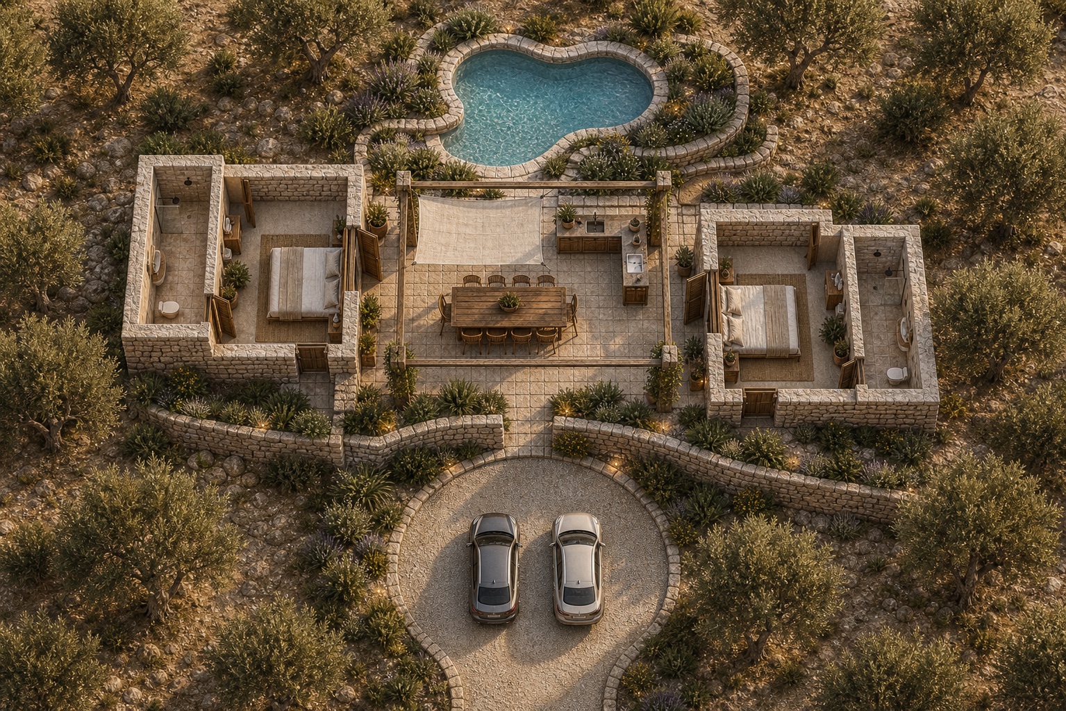 Lageplan mit Pool, offenem Patio, Schlafzimmerzugängen nur zum Patio und blickgeschütztem Gangversatz zum Parkkreis