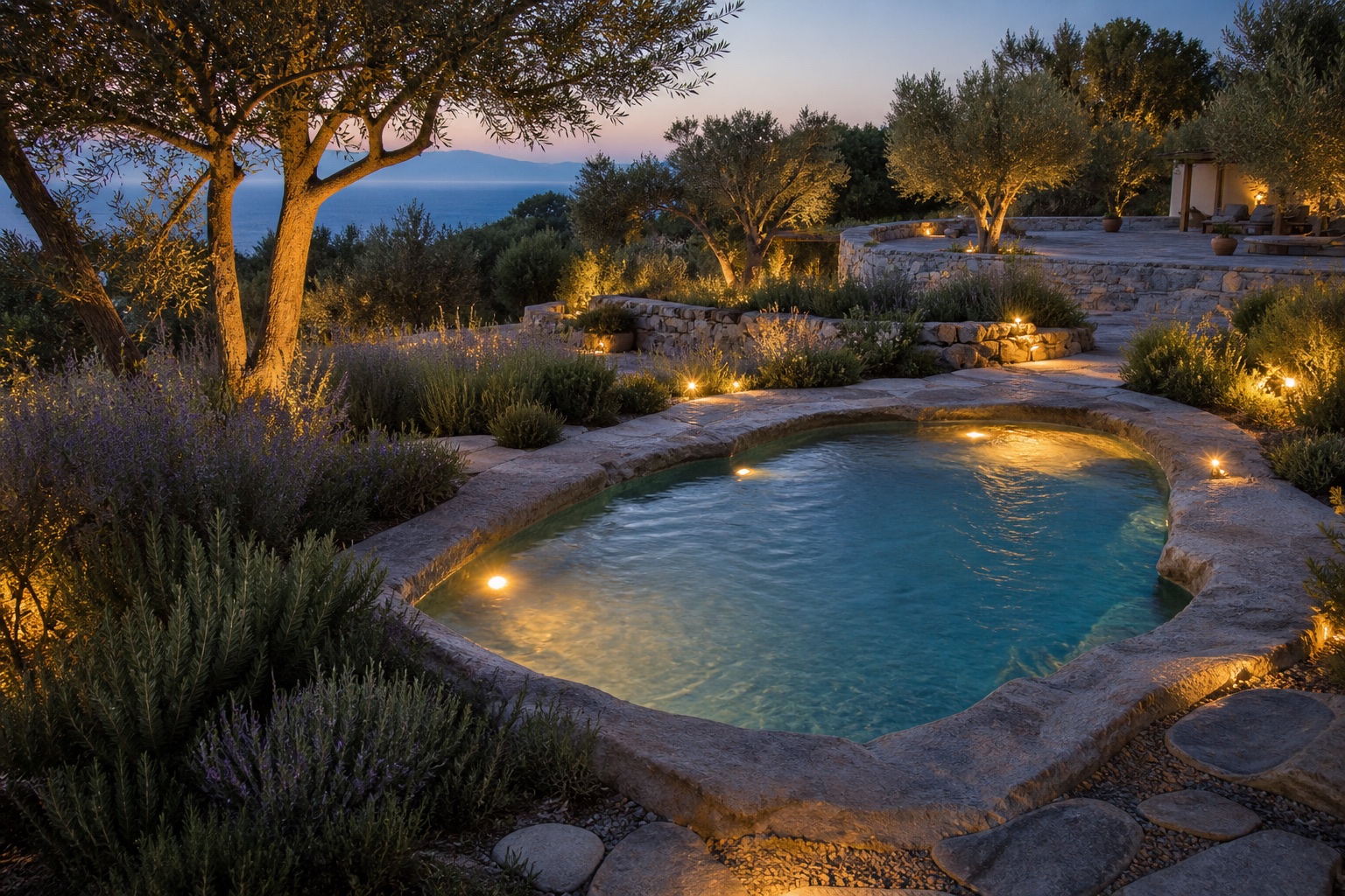 Organischer Pool mit mediterranen Steinbeeten und warmem Licht